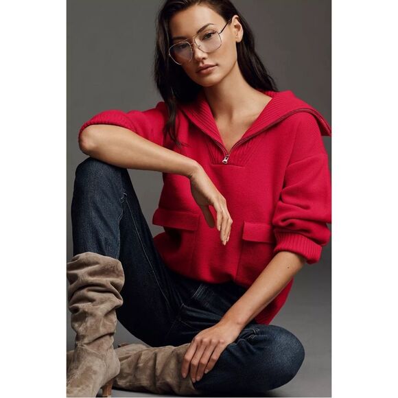 Anthropologie Red Crop Half-Zip Pullover Sweater Pockets Size XS Valentine's Day - Picture 2 of 16